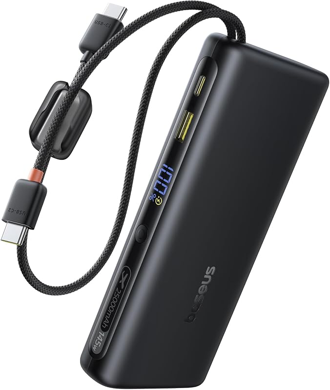 FC41 145W Powerbank per Laptop Certificato CCC, Ricarica Rapida PD3.1, 25000mAh Power Bank con 2 Cavi USB-C Integrati, Batteria Esterna per MacBook Pro, iPhone, iPad, Samsung, Nero
