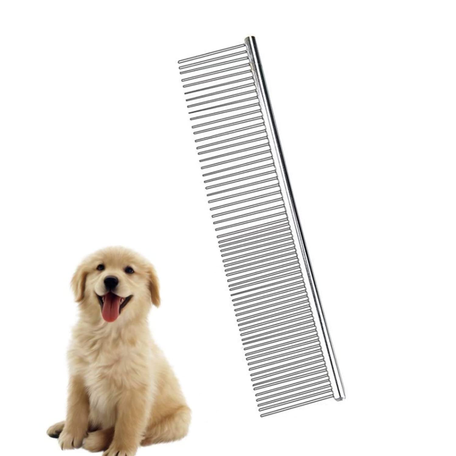 Stainless Steel Pet Grooming Comb, Metal Pet Comb Fur Detangling Tool Rounded Teeth Dog Comb Greyhound Comb Grooming for Large, Medium and Small Dogs and Cats with Tangled Short (19 x 5.5 cm)