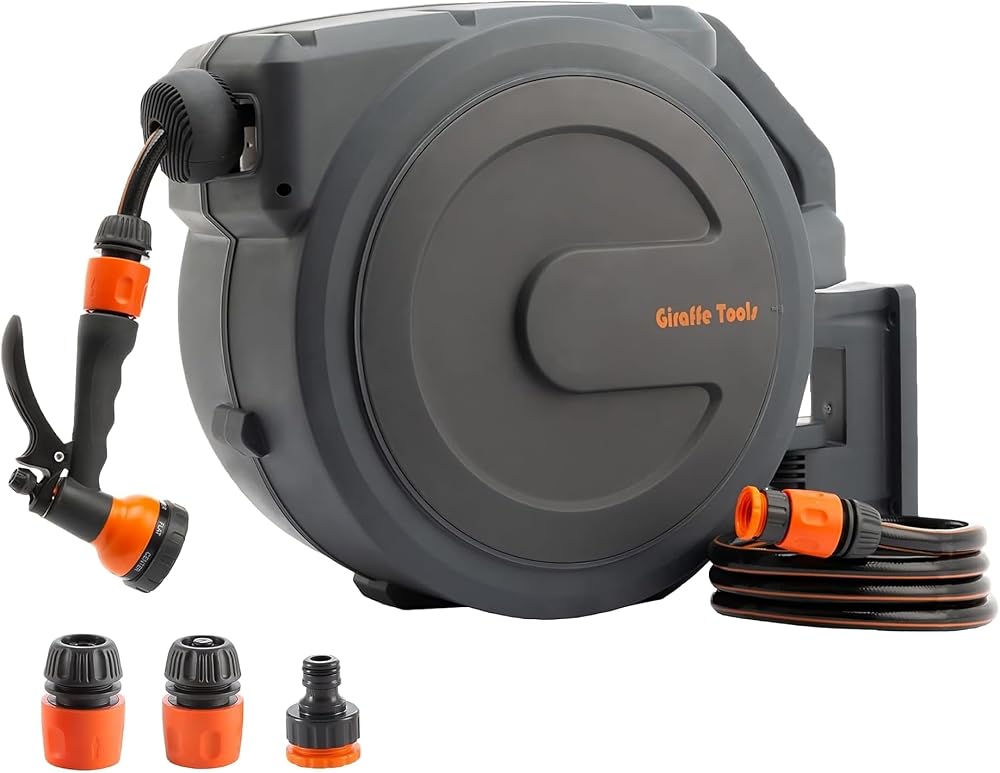 Giraffe Tools Retractable Wall Mounted Hose Reel 25m 7-Pattern Nozzle Grey