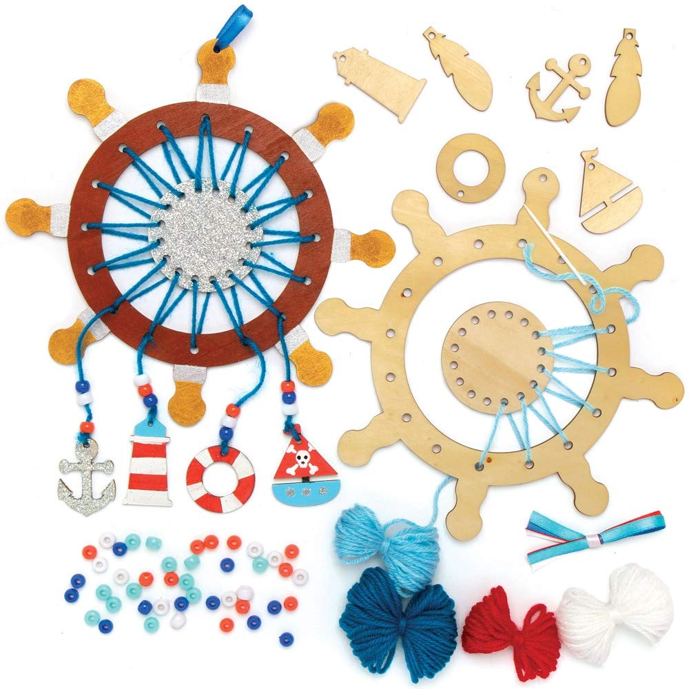 Baker Ross AT902 Seaside Wooden Dreamcatcher Kits - Pack of 4, Woodcrafts for Kids to Design, Paint, Decorate and Then Use
