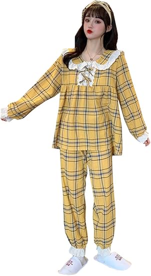 Amazon ｊｑｂｆｌパジャマ レディース 長袖 チェック柄 ルームウェア 上下セット 部屋着 ロングパンツ カジュアル 寝間着 かわいい レディースパジャマ 春 秋 Freesizeイエロー パジャマ ルームウェアセット 通販