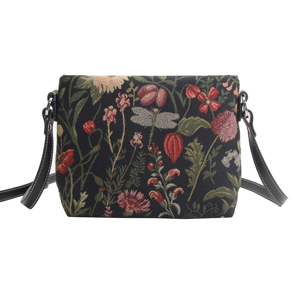 Signare Tapestry Crossbody Bag Small Shoulder Bag for Women with Garden Flower and Creature (Morning Garden Black, XB02-MGDBK)
