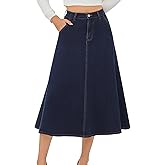 HUSKARY Women's Stretchy High Wasited A Line Long Maxi Jean Skirt Below Knee Length Flared Midi Denim Skirts with Pockets
