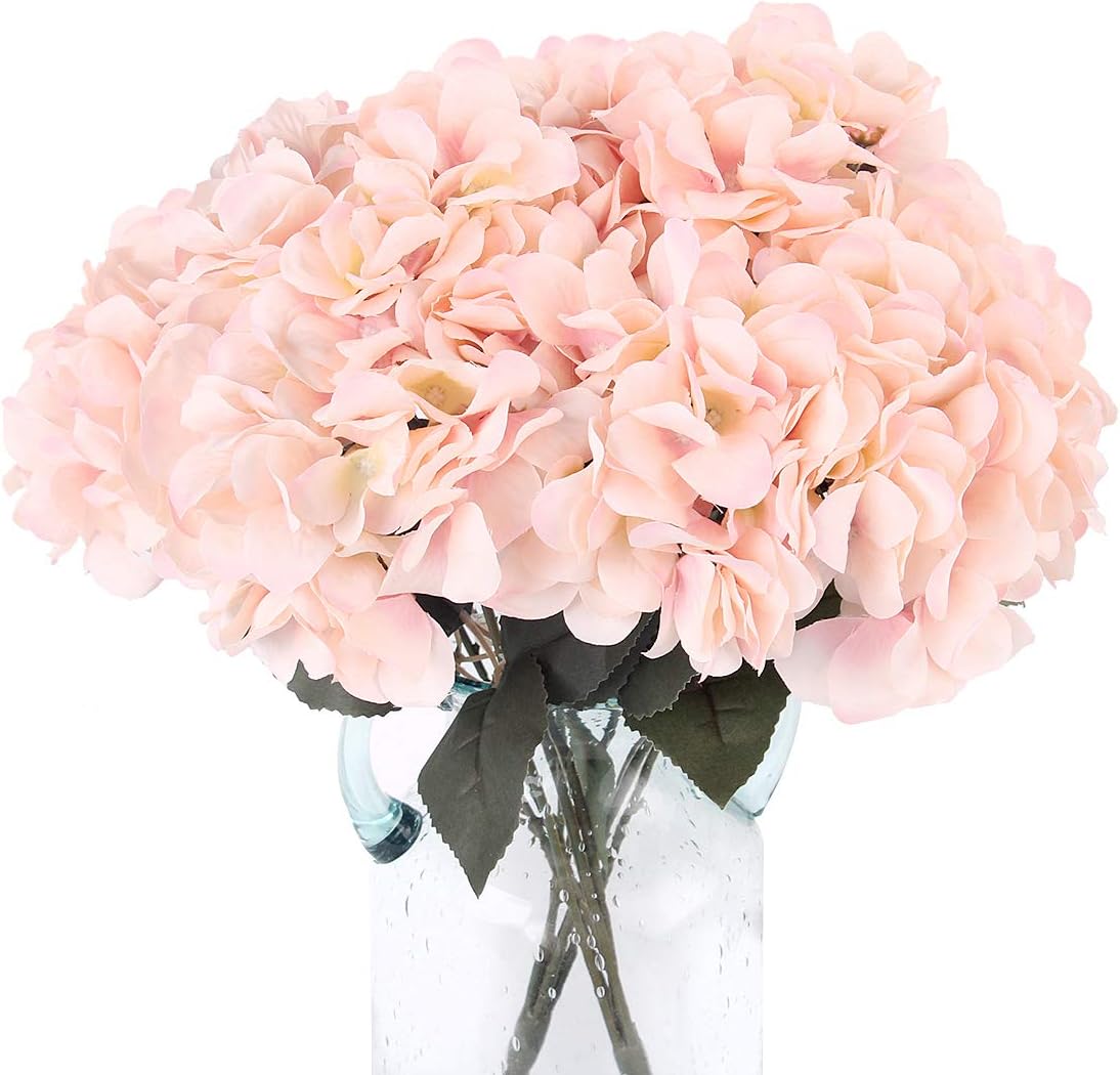 Artificial Flowers Silk Hydrangea Flowers with 5 Big Heads Fake Flower Bunch Bouquet for Home Wedding Party Decor DIY, Light Pink