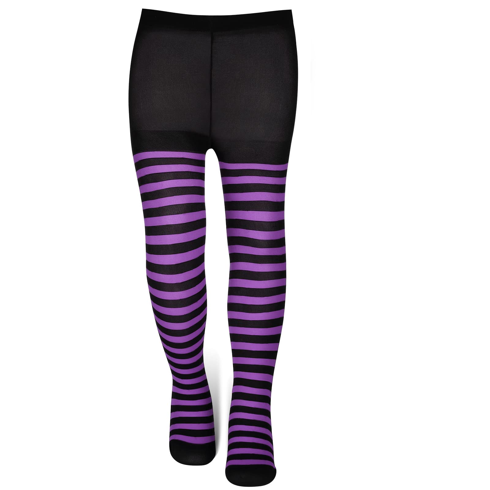 BBTO Kids Witch Tights for Girls Purple and Black Striped Opaque Tights Halloween Cosplay for Children Costume, Age 6-12