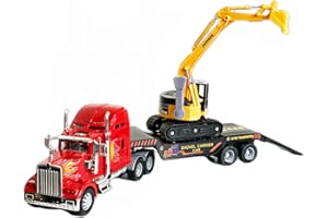 Big Daddy Big Rig Heavy Duty Tractor Trailer Low Boy Transport Flat Bed & Excavator Toy Trucks Combo Series