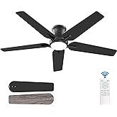 POCHFAN 52 Inch Black Ceiling Fans with Lights and Remote, Flush Mount Low Profile Ceiling Fan for Bedroom, Living Room, Patio, Dimmable 6 Speeds Noiseless Reversible, ETL Listed