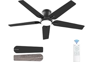 POCHFAN 52 Inch Black Ceiling Fans with Lights and Remote, Flush Mount Low Profile Ceiling Fan for Bedroom, Living Room, Patio, Dimmable 6 Speeds Noiseless Reversible, ETL Listed