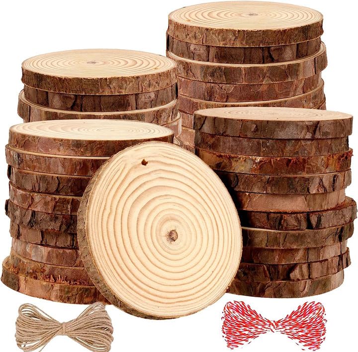 ZEONHAK 40 PCS 9-10cm Natural Craft Wood Slices, Log Wooden Circles with Hole Hanging Rope, Unfinished Pine Wood Slices for DIY, Wedding Decorations, Ornaments, Art