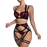 Lilosy Sexy Strappy Underwire Push Up Garter Belt Lingerie Set Harness Cutout Outfits Matching Bra Panty 3 Piece