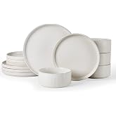 Famiware Star Stoneware Dinnerware Set, Reactive Glaze Plates &amp; Bowls for 4 | 12-Piece Handmade Ribbed Dishes, Chip &amp; Scratch Resistant Ceramic. Microwave &amp; Dishwasher Safe, Rustic Modern, Matte White