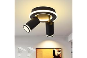 LED 2 Light Track Lighting Kit, Black Round Ceiling Spot Lighting Fixture with Flexibly Rotatable Heads, Modern Spotlight for