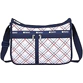 LeSportsac Modern Tattersall Deluxe Everyday Crossbody Bag + Cosmetic Bag, Style 7507/Color E839, Classic Navy & Bold Red Unite on Crisp White Bag, Modern Lilac Accent, Fun Interpretative Tartan Plaid