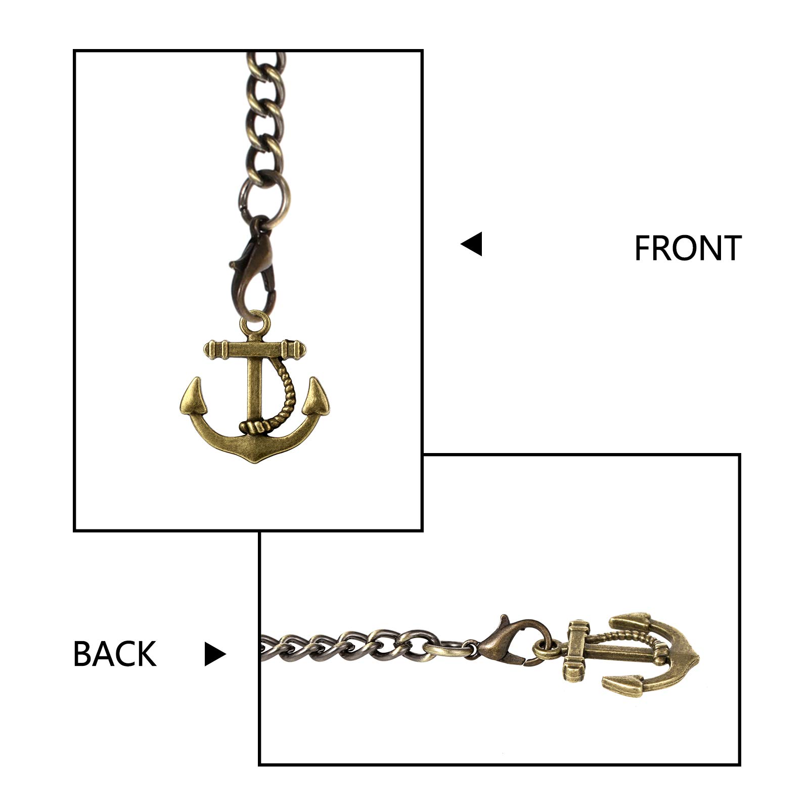Men's Albert Chain Pocket Watch Curb Link Key Chain 2 Hooks with Antique Anchor Pendant Design Charm Fob T Bar