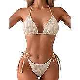 Tainehs Ribbed Two Piece Bikini Sets for Women Sexy Halter Triangle Top Swimsuit String Thong Bathing Suit