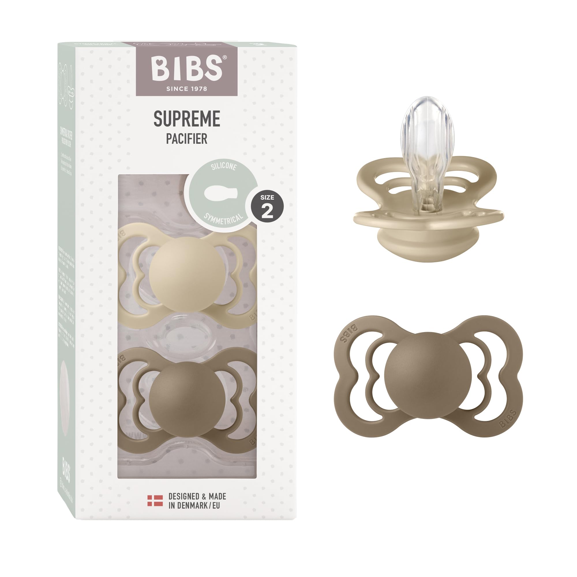 BIBS Supreme Dummies 2-Pack, BPA Free Dummy Pacifier, Silicone Symmetrical Nipple Soother, Size 2 (6-18 Months), Vanilla/Dark Oak