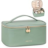 Prite Makeup Bag, Large Capacity Portable Travel Cosmetic Bag, Waterproof Makeup Organizer for Women with Handle and Divider (001 Green)