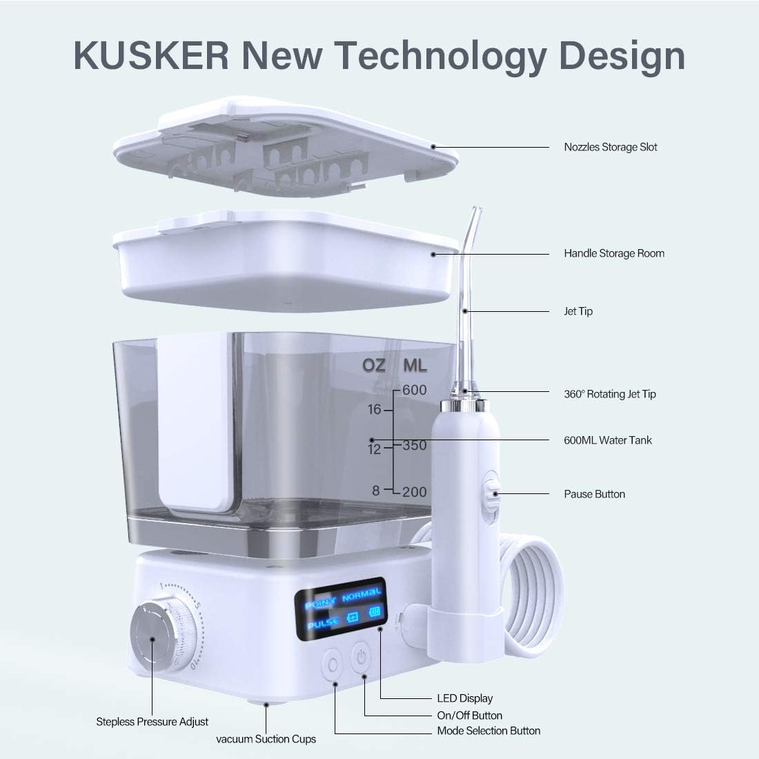 KUSKER Water Flosser Teeth Cleaner, Portable Dental Oral Irrigator for Travel & Family with 10 Adjustable Pressure & 3 Modes, 8 Multifunctional Tips, Storage Case, 600ML Professional Teeth Braces Care: Health & Personal Care