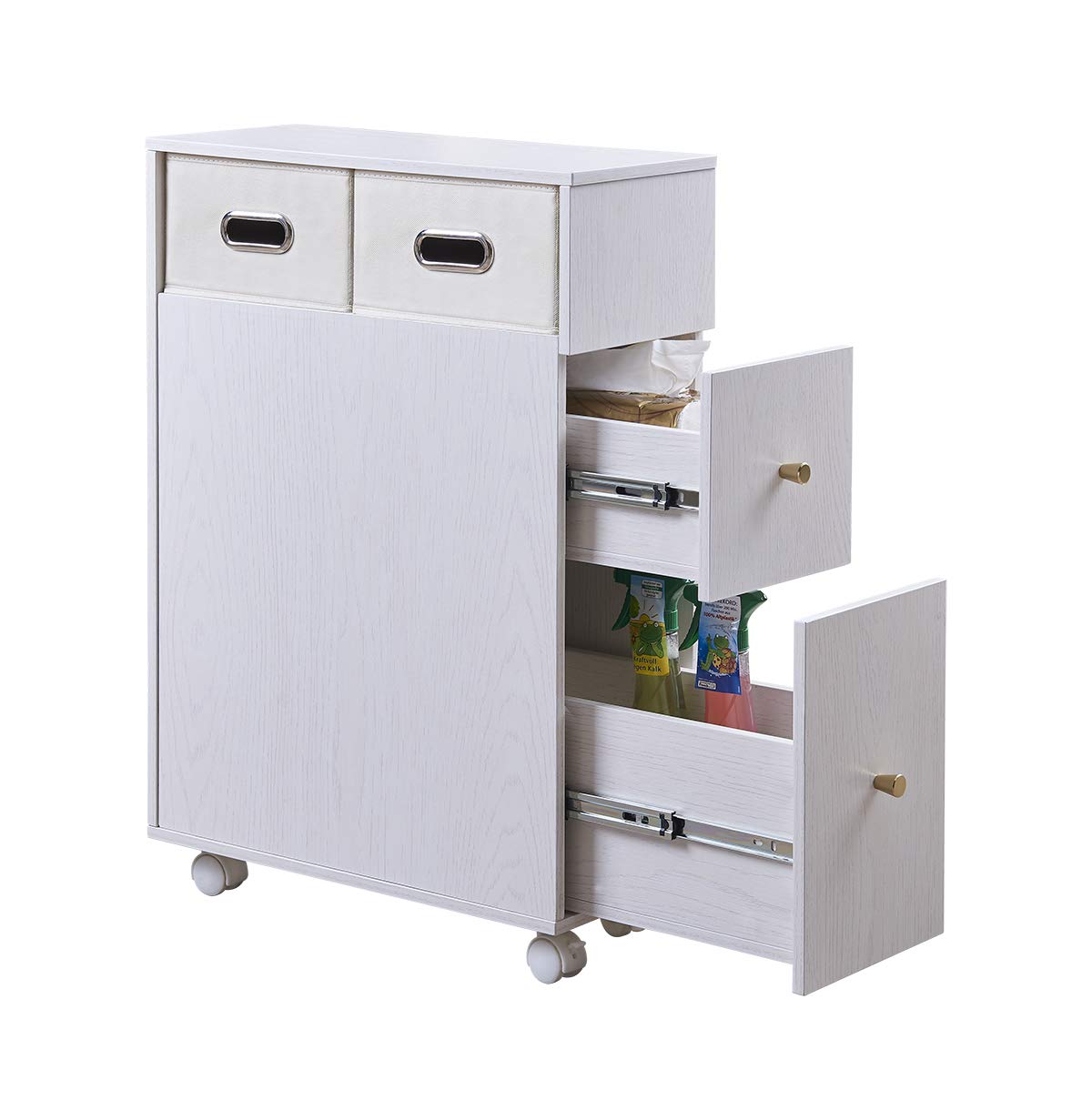 Ezfurni Low Profile Wooden Bathroom Floor Storage Cabinet With Wheels Narrow Bath Sink Organizer Toilet Paper Holder 2 Slide Out Drawers 2 Foldable Bins White Oak Amazon In Home Kitchen