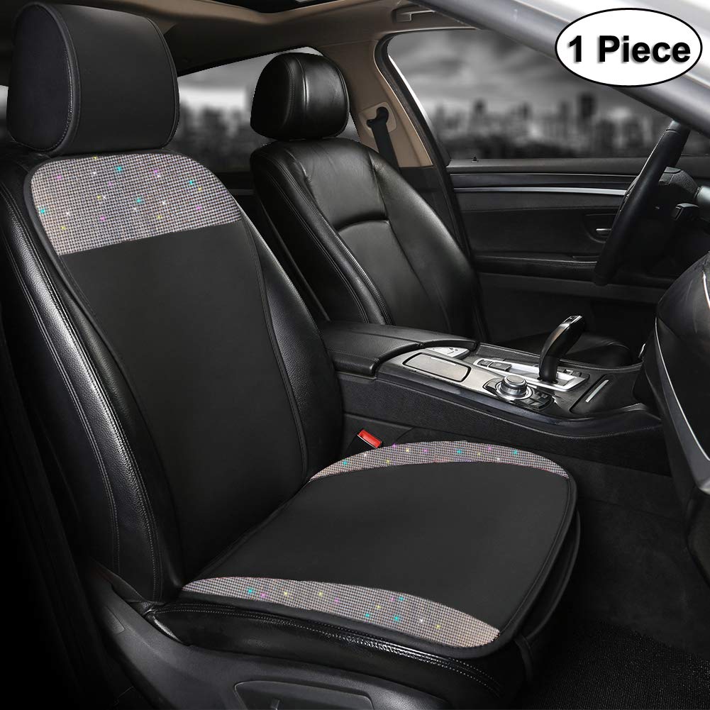 Black Panther Luxury PU Leather Front Car Seat Cover Protector with Bling Bling Crystal Rhinestones for Women Girls, Universal Fit 95% of Cars, 1 Seat