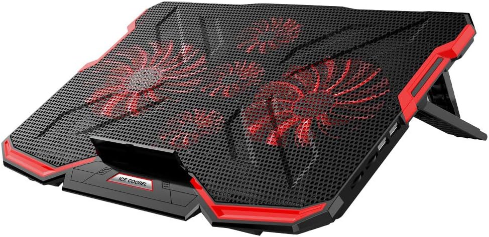 Mkocean 5 Fans Laptop Cooling Pad, Portable Ultra-Slim Laptop Cooler, with Red LED Light, Dual USB 2.0 Ports, Adjustable Mount Stand, Super Quiet and Strong Wind Speed Designed for Gamers and Office