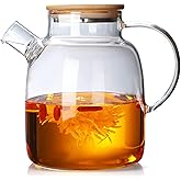 SITIEPA Glass Tea Pot Kettles Stovetop Safe, 60.8oz/1800mL Heatproof Borosilicate Glass Teapot Water Pitcher With Bamboo Lid and Removable Filter Spout for Loose Leaf and Blooming Tea