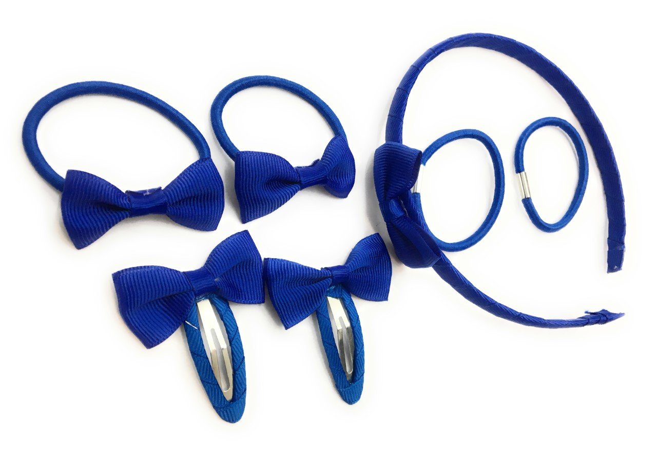 7 PIECE SCHOOL COLOURS Hair Bow Snap Clips SET ALICE BAND PONIOS PonyTail Holder Headband - Royal Blue