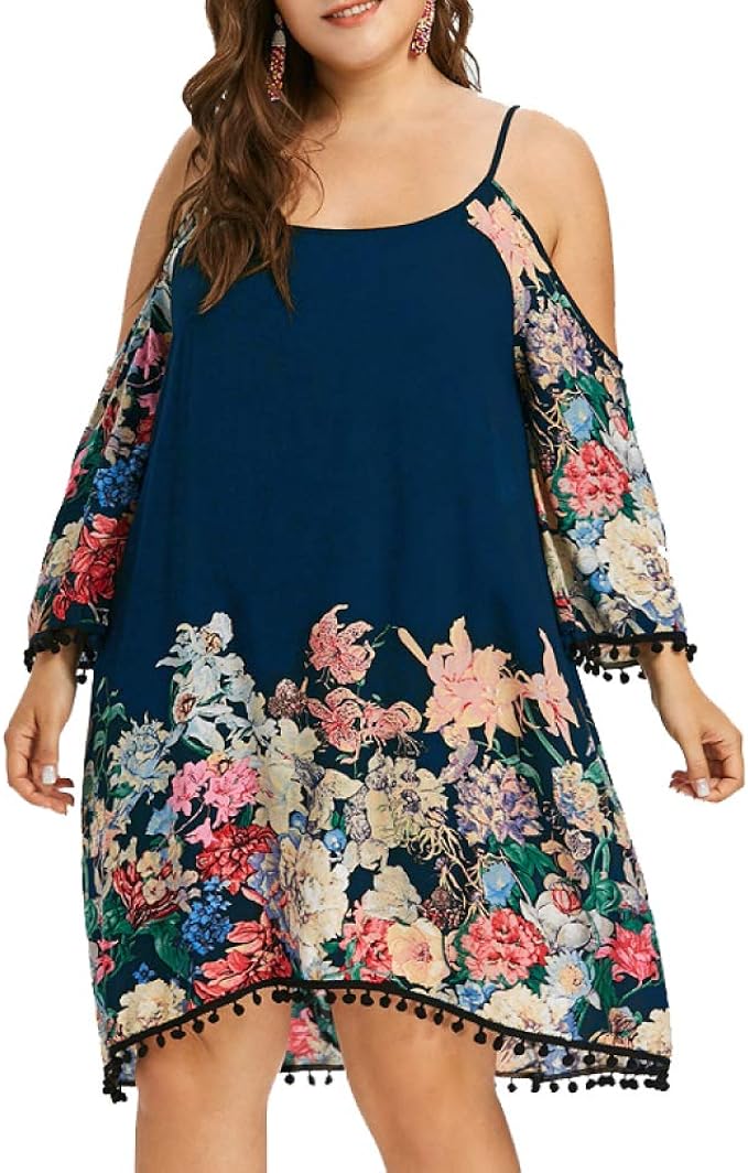 Women's Plus Size Dresses Off The Shoulder Long Sleeve Flower Print