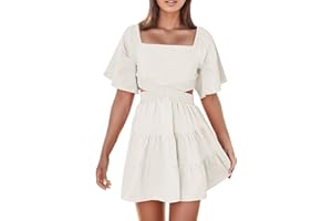 SOOITYUS Women Summer Dresses 2023 Square Neck Short Sleeve Cutout Crossover Waist Casual Party Tiered A-Line Mini Dress
