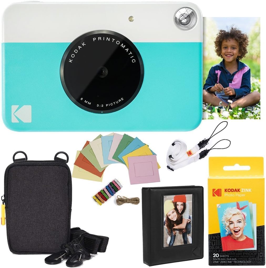 KODAK Printomatic Instant Camera (Blue) Deluxe Bundle + Zink Paper (20 Sheets) Case - Photo Album