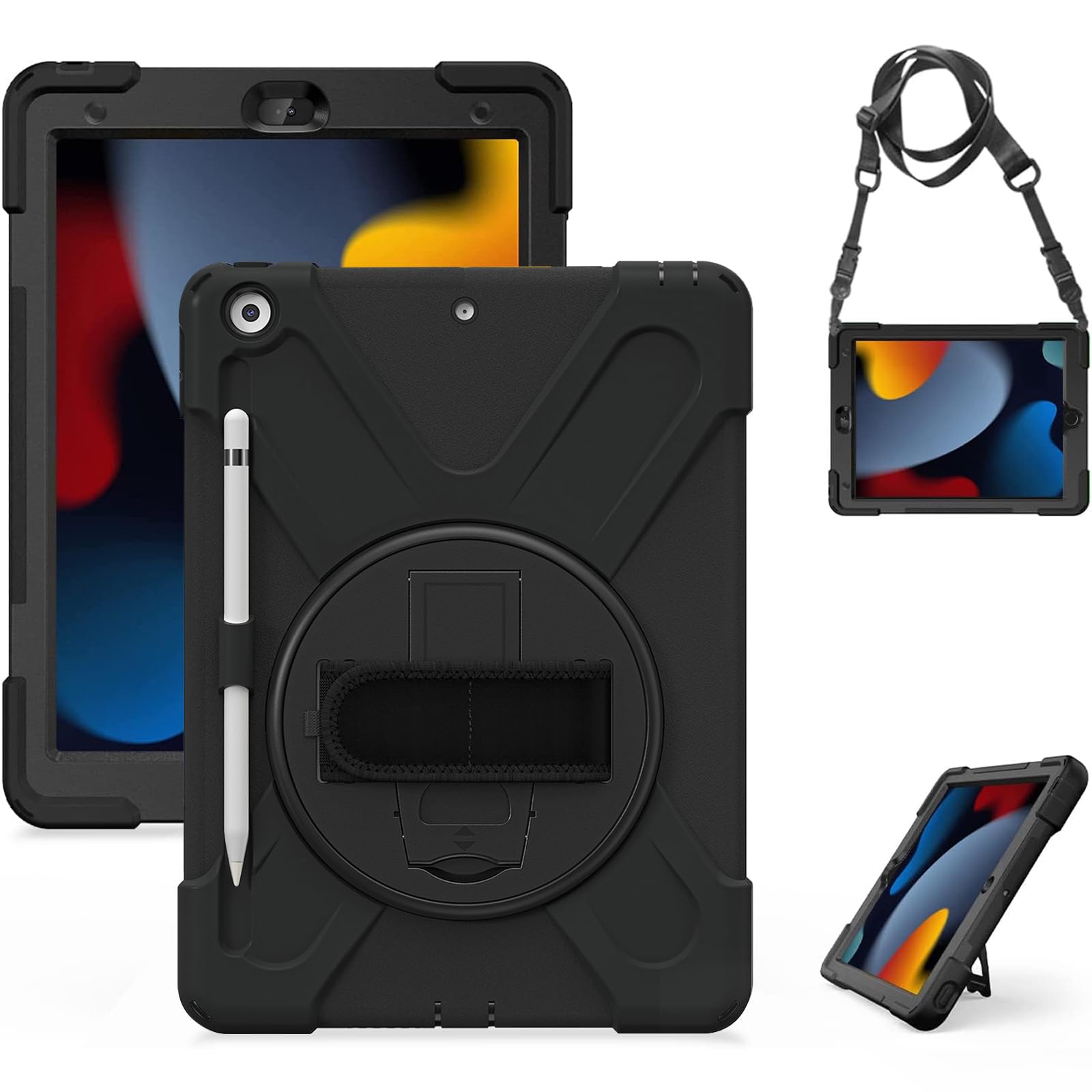 Gerutek for iPad 9th/8th/7th Generation Case Shockproof, iPad 10.2 Case Shockproof with [360 Rotatable Kickstand/Hand Strap][Pencil Holder] Protective Case for 9th/8th/7th Gen 10.2 inch, Black