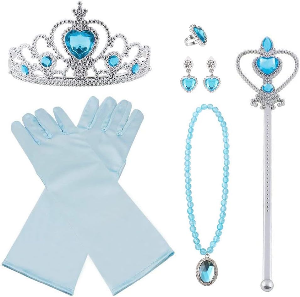 Vicloon Elsa Dress Up Accessories Set 9 Blue Crown Wand Gloves Necklace Earring