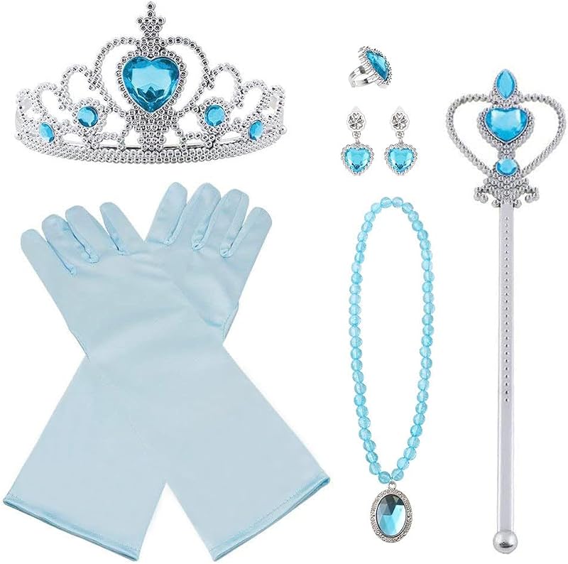 Vicloon Elsa Dress Up Accessories Set 9 Blue Crown Wand Gloves Necklace Earring