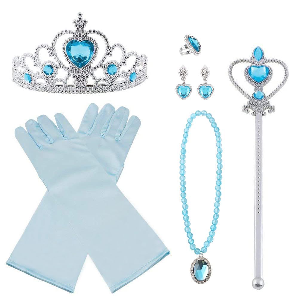 Vicloon Elsa Dress Up Accessories Set of 9, Elsa Gloves, Princess Crown, Ring, Earring, Magic Wand and Necklace (Blue)