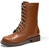 Coutgo Womens Mid Calf Combat Boots Low Heel Lace Up Round Toe Military Boots Fall Shoes with Side Zipper
