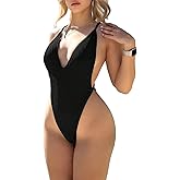 OYOANGLE Women's One Piece Swimsuit Criss Cross Backless Deep V Neck Spaghetti Straps High Cut Swimwear