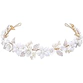 Oriamour Wedding Headbands With Ceramic Flowers Bridal Wedding Headpieces For Women Girls Pearls Headband With Leaves Desgin (Gold)