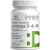 Triple Omega 3-6-9 Fish Oil Supplements 3,600mg – 240 Softgels with Flaxseed Oil & Borage Oils Complex – High EPA + DHA – Burpless Pills, Lemon Flavored, Wild Caught – Heart, Joint, & Brain Support