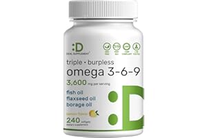 DEAL SUPPLEMENT Triple Omega 3-6-9 Fish Oil Supplements 3,600mg – 240 Softgels with Flaxseed Oil & Borage Oils Complex – High EPA + DHA – Burpless Pills, Lemon Flavored, Wild Caught – Heart, Joint, & Brain Support