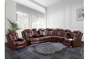 Caberryne Power Recliner Sofa Sectional Couch with LED Light for Living Room,Leather Reclining Corner Sectional Sofa Set with 3 Recliner Seats,Cup Holder,Storage Console for House/Home Theater, Wine