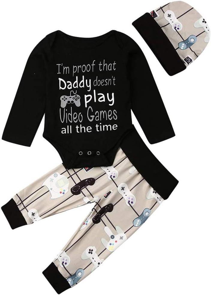 Newborn Baby Romper Set Unisex Long Sleeve Daddy Doesn't Play Video Game Bodysuit Letter Tops Pants 3Pcs Outfit with Hat