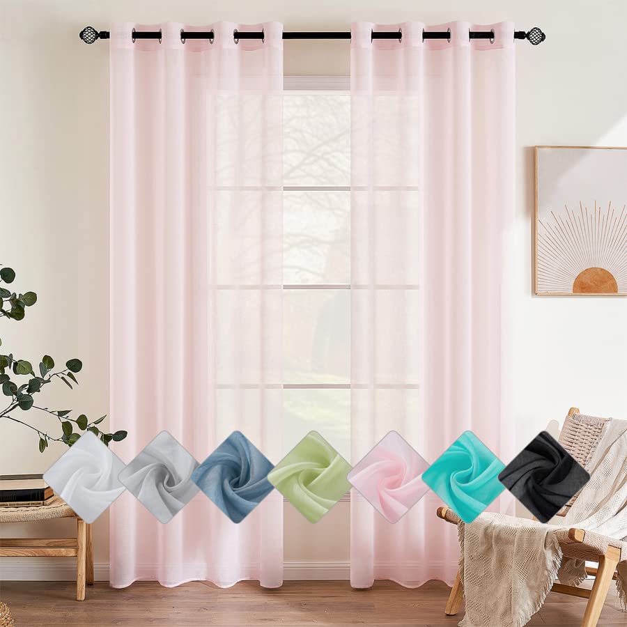 EMEMA Set of 2 Sheer Voile Curtains with Eyelets Transparent Voile Polyester Eyelet Curtain Transparent Living Room Airy Decorative Curtain for Bedroom 140 x 137 cm Baby Pink