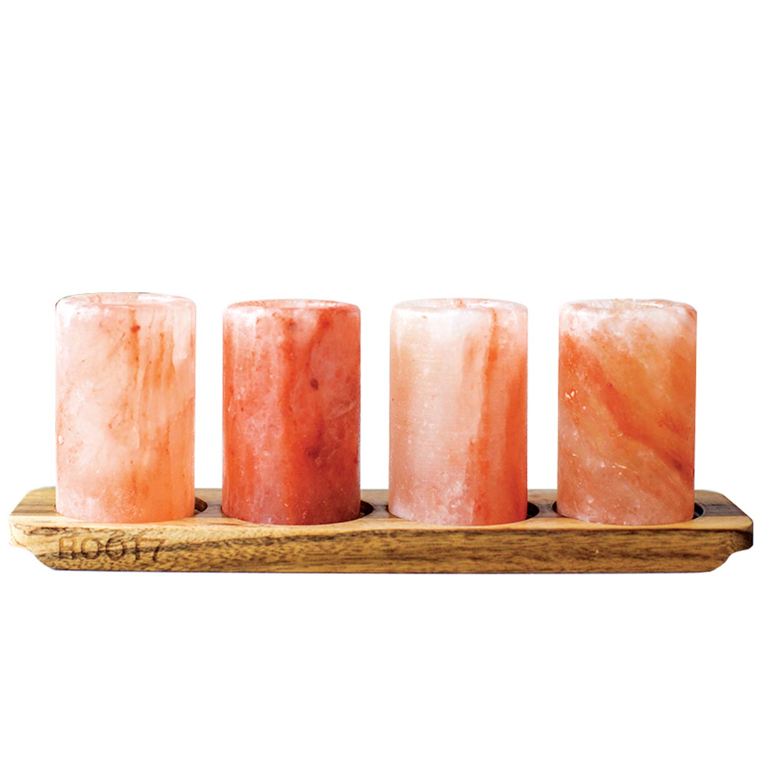 Drinkind Himalayan Salt Shot Glasses 4 Pack with Acacia Wood Serving Board from Ethically Sourced Natural Himalayan Salt Shot Glasses. Presented in a Beautiful Display Box.