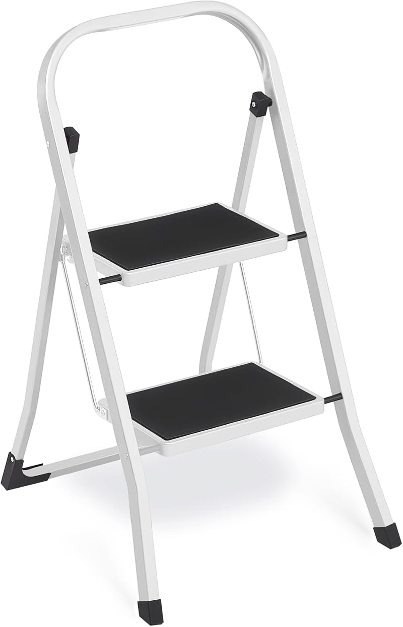 SONGMICS GSL12WT Folding Ladder 2 Steps Alloy Steel White 150 kg EN14183
