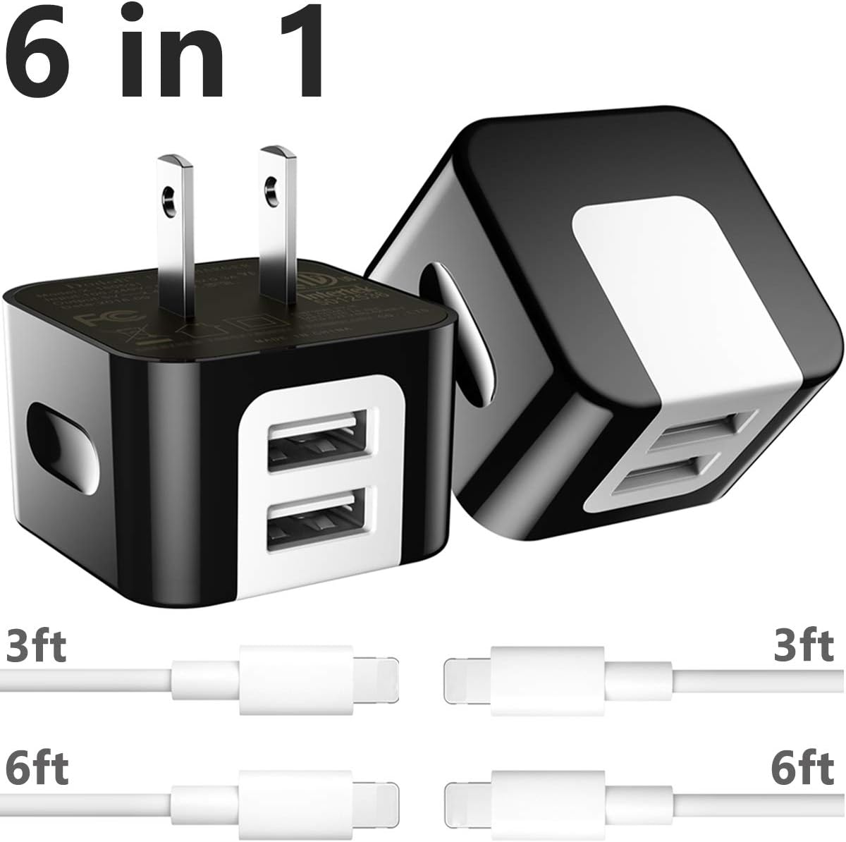 Dodoli [6-Pack] Phone Charger, (6FT+6FT+3FT+3FT) Extra Long Fast Charging & Sync Cable with 2 X 2.4A Dual Port USB Wall Charger Plug Adapter Compatible with iPhone Xs Max XR X 8 7 6S 6 Plus SE 5S iPad