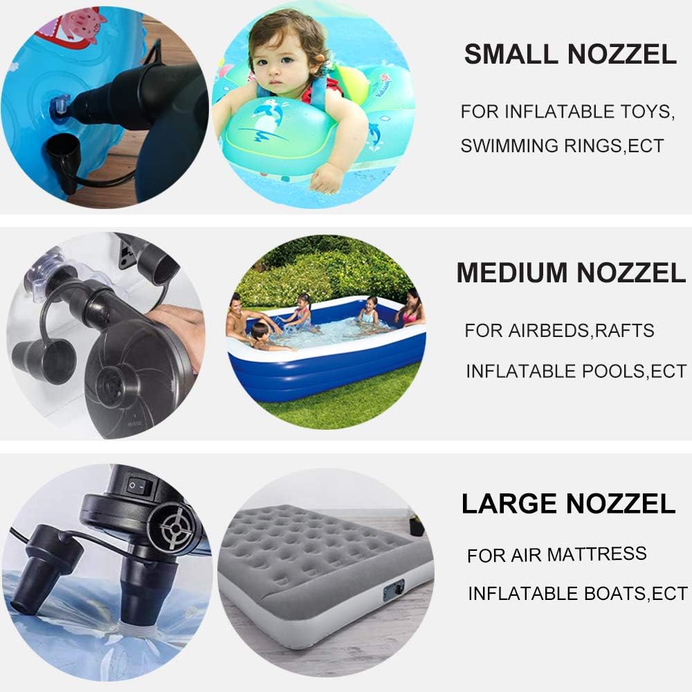 Focusky Electric Air Pump,Portable Quick-Fill Air Pump with 3 Nozzles,110V AC/12V DC, Perfect Inflator/Deflator Pumps for Pool Floats,Kayak, Inflatable Cushions, Air Mattress Beds, Swimming Ring: Sports & Outdoors