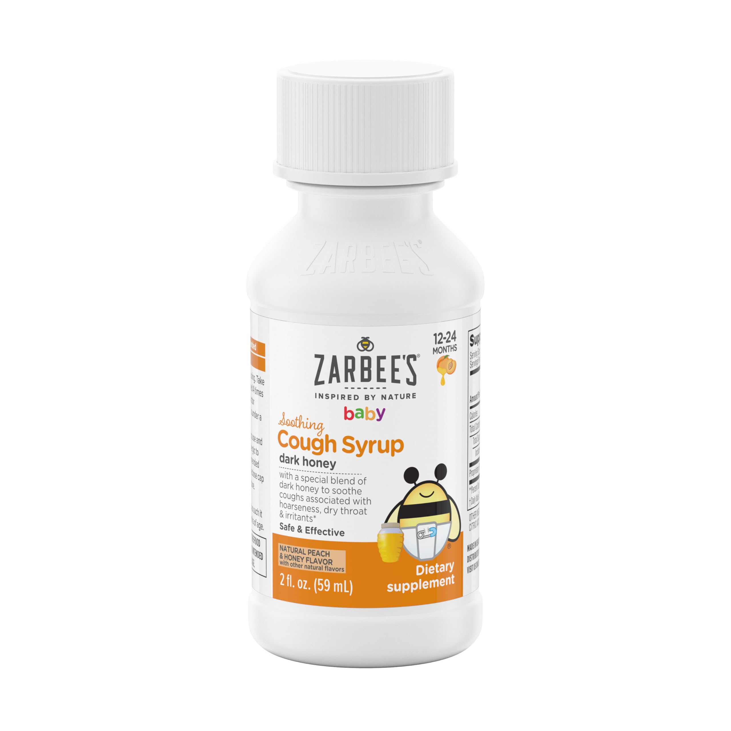 Zarbee's Baby Soothing Honey Cough Syrup for Babies 12-24 Months, Safe & Effective Cough Syrup with Soothing Dark Honey for Occasional Coughs, Drug & Alcohol-Free, Peach & Honey, 2 fl. oz