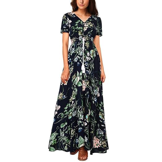 ishine Sommerkleid Damen V-Ausschnitt A-Linie Kleid Lang Strandkleid Maxikleid mit Blumen Abendkleid Partykleid