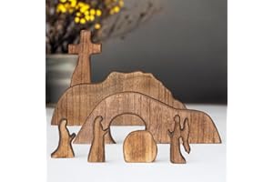 Empty Tomb Easter Scene and Cross Decoration, Wooden Resurrection Set for Tiered Tray, He is Risen Jesus Tomb Decor for Relig