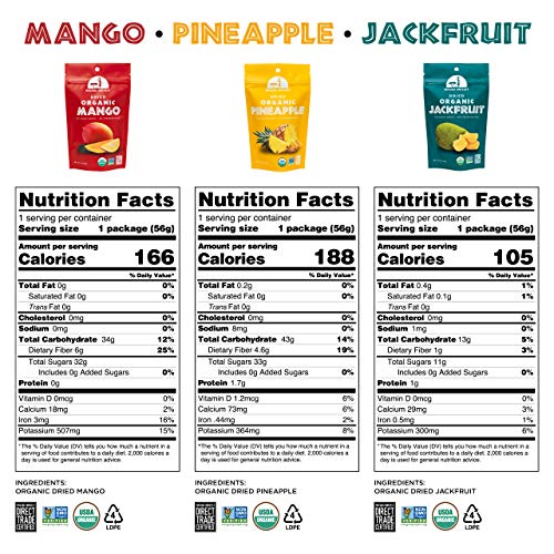 Mavuno Harvest Organic Dried Fruit Variety Pack | Dried Mango, Pineapple, and Jackfruit | Healthy, Vegan, No Sugar Added, Non GMO Snacks for Kids & Adults | 2 Ounce, Pack of 3